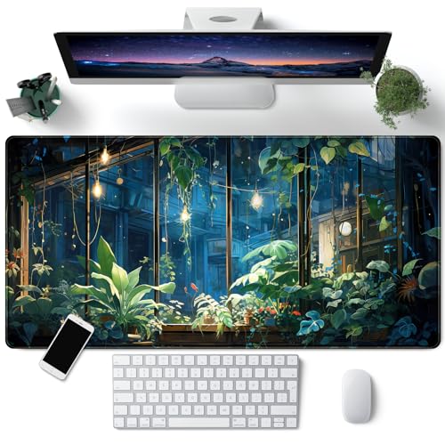 Plant Desk Mat Green Big Mouse Pad Large Gaming Mousepad Extended Keyboard Pad City View Aesthetic Desk Pad XXL Mouse Mat 31.5''X15.7'' Office Decor Cute Desk Accessories for Women - color: A Green Plant