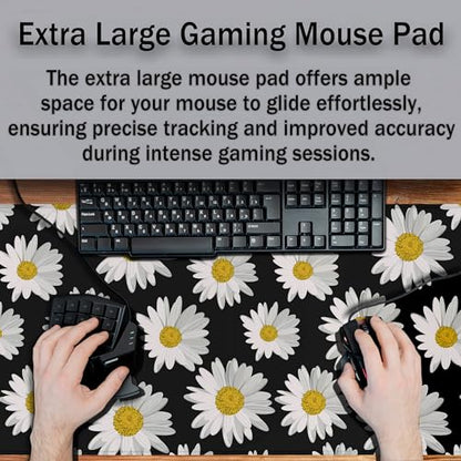 Big Mouse Pad Black Desk Pad Large Gaming Mousepads Pc Mouse Pads Office Items Non-Slip Rubber Base Waterproof with Stitched Edges 35.4 X 15.7 for Game Office, White Daisies - color: White Daisies