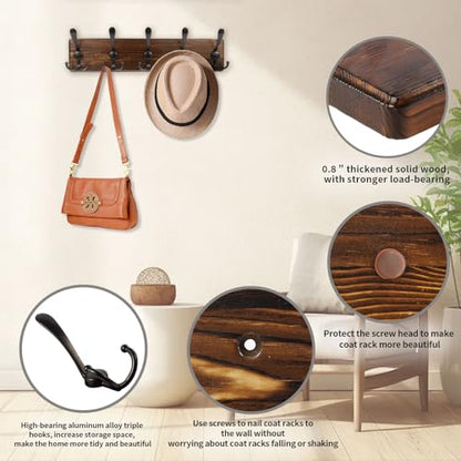 Coat Rack Wall Mount 16.8'' Rustic Hat Rack with 5 Triple Hooks Coat Hooks Wall Mount Farmhouse Wall Hooks for Hanging Coat, Bags, Towels - color: Brown Plate & Black Hook, size: 1 Item-5 Hooks