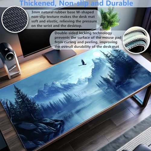 Extended Gaming Mouse Pad XL, Snow Mountain Desk Mat 31.5x15.7, Non-Slip | Majestic large computer desk mat with a soaring eagle and winter mountain landscape print. Ideal for cozy studios. - color: Snow Mountain Eagle