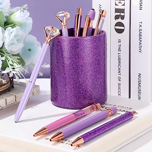 Sabary 8 Pcs Purple Pens with Pen Holder for Desk Glitter Crystal Diamond Cute Ballpoint Fancy Pencil Holder Bling Desk Organizer for Women Girls School Office Supplies Wedding Graduation Gifts - color: Purple