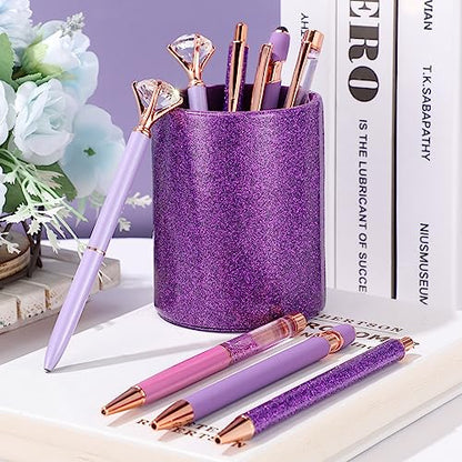 Sabary 8 Pcs Purple Pens with Pen Holder for Desk Glitter Crystal Diamond Cute Ballpoint Fancy Pencil Holder Bling Desk Organizer for Women Girls School Office Supplies Wedding Graduation Gifts - color: Purple