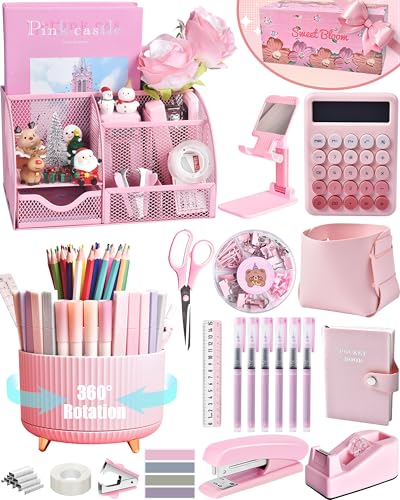 LXEVIHK 21Pcs Pink Desk Organizers and Accessories With Mesh Desk Organizer and 360°Rotating Pen Holder and a Lot of Office Pink Office Supplies Beautifully Presented in a Gift Box - color: Pink