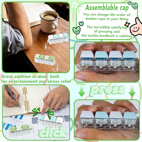2 PCS 4-in-1 Keyboard Fidget Toy Keychain, Finger Clicky Button Toy Stress Relief Keychain with Swappable Keycaps, Mini Mechanical Key Fidget for Office Desk Focus Gifts (Green Blue White) - color: Green Blue White