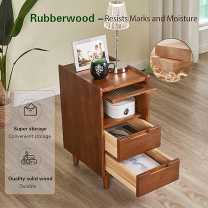 Mid-Century Modern Rubber Wood Nightstand, Narrow Bedside Table with Fluted Glass Cabinet & 2 Drawers, Walnut Finish for Small Bedroom Living Room, 15.75" W×15.75" D×23.81" H - size: 15.75"W × 15.75"D × 23.81"H