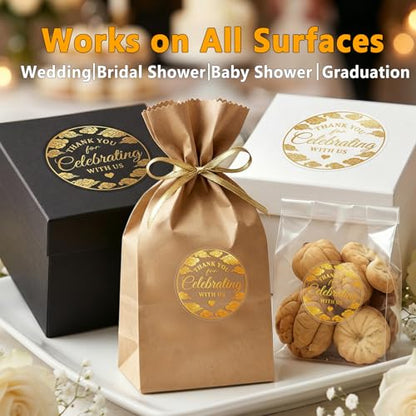 100PCS Thank You for Celebrating with Us Stickers,Gold Party Favor Labels with Elegant Cloud Design Stickers for Wedding, Birthday, Baby Shower, Graduation Favor Bags & Dessert Table 1.6" (Gold)