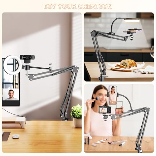 Overhead Camera Mount with Ring Light, Flexible Articulating Phone Arm Stand Compatible with iPhone, Logitech Webcam, Desk Tripod for YouTube Live Stream Cooking Nail Video Recording