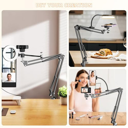 Overhead Camera Mount with Ring Light, Flexible Articulating Phone Arm Stand Compatible with iPhone, Logitech Webcam, Desk Tripod for YouTube Live Stream Cooking Nail Video Recording