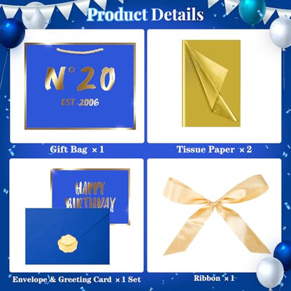 JWSCYSY 20th Blue Birthday Gift Bag with Card, Tissue Paper and Ribbon for Men Boys Birthday Party Favor, Presents Wrapping (12.6" EST 2006) - color: 20TH