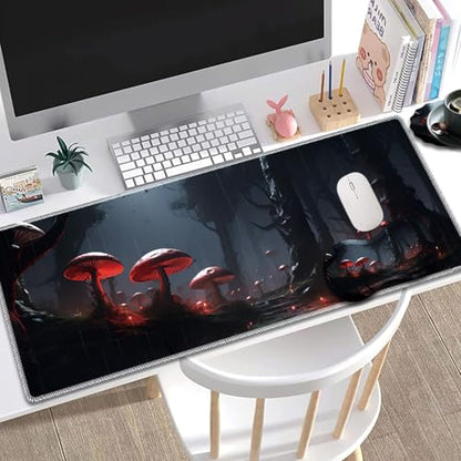 Large Gaming Mouse Pad + Mouse Wrist Rest Pad + Coaster Combination, 31.5 "x 11.8" Durable Non-Slip Extension Table Mat, Suitable for Office and Home, Mushrooms Forest - color: Mushrooms Forest