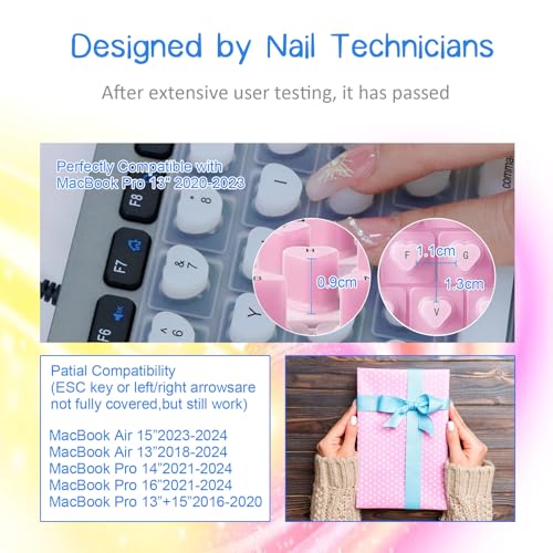 Keyboard Cover for Long Nails Compatible with MacBook Pro 13 inch M2 2023, 2022, 2021 2020 M1 A2338 A2289 A2251&Compatible with MacBook Pro 16 2020 2019 A2141 Touch ID, US ANSI (White & Heart) - color: White