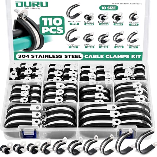 OURU 110PCS Cable Clamps Assortment Kit,10 Sizes—1/4" 5/16" 3/8" 1/2" 5/8" 3/4" 1" 1-1/4" 1-1/2" 1-3/4" Stainless Steel Rubber Coated Cushioned Insulated Cable Clamp,Automotive Wire Pipe Clamps - size: 110PCS KIT