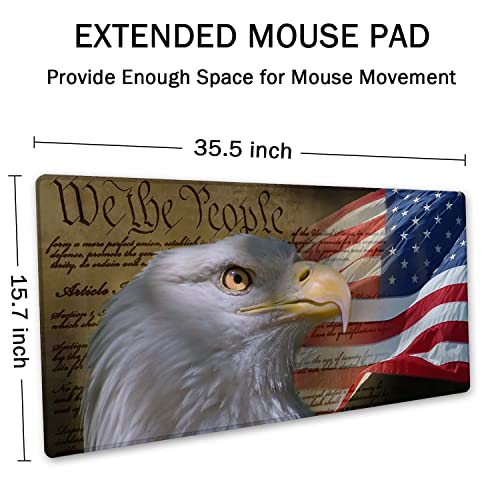 SSOIU Bald Eagle on American Flag Mouse Pad 35.5 X 15.7 Inch XXL Full Desk Mousepad Extended Large Non-Slip Rubber Base Waterproof Big Keyboard Mat with Stitched Edges for Gaming and Office - color: Bald Eagle on American Flag