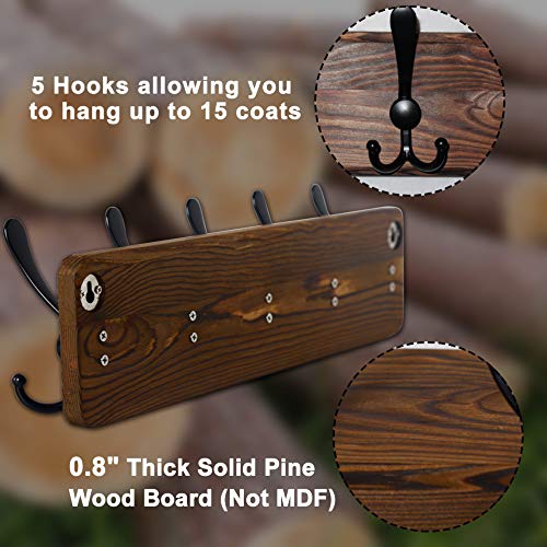 Dseap Coat Rack Wall Mount - Heavy-Duty Robust Rustic Wooden Wall Coat Hanger Hook Rail with 5 Triple Hooks for Winter Jacket & Hat Clothing, Light Brown & Black - color: Light Brown & Black, size: L=17.4"