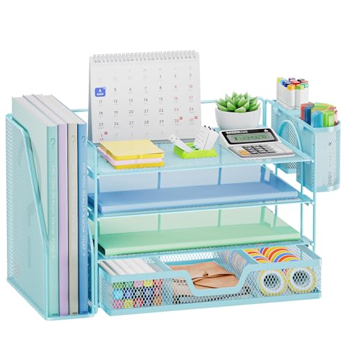 Marbrasse Desk Organizer and Accessories，4-Tier Paper Letter Tray Organizer with File Holder, Desk Accessories & Workspace Organizers with Drawer and 2 Pen Holder (Blue, 15.4" x 9.1" x 8.3") - color: Blue