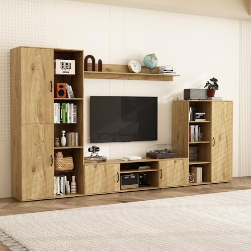 AIEGLE Wall Unit TV Stand with Storage, 126" W Modern TV Console with 5 Doors & Top Rack, Entertainment Center with Bookshelves, Wood Grain Wall Media Center for Living Room, Natural