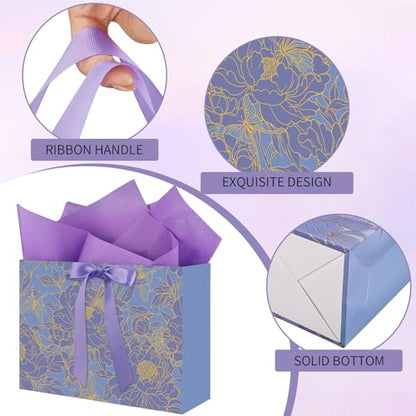 woric 2 Pcs Purple Gift Bag with Handle, 13.7" Birthday Gift Bags for Women | Floral Designs, Ribbon Handle, 4 Tissue Paper & 2 Greeting Cards, Women Birthday, Anniversary, Wedding Bridal Showers - color: Purple