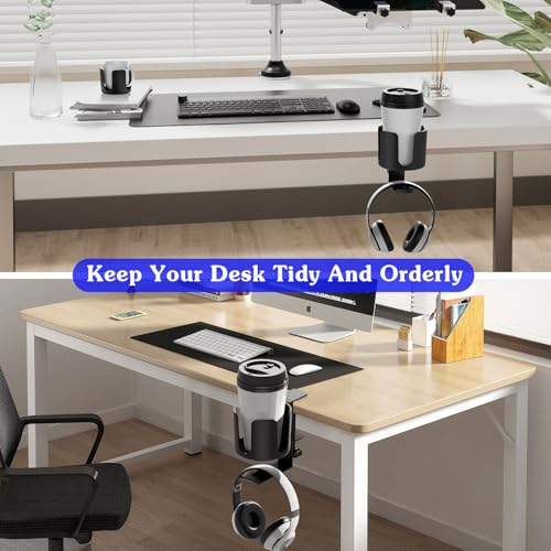 Desk Cup Holder Clip On with Buckle Clamp Hook,Deeper Drink Table Holder for Water Bottles & Coffee Mugs Bags Headphone Hanger,Adjustable Large Metal Clamp for Office & Gaming,Home,Black - size: 3.94"L x 3.94"W x 5.51"H