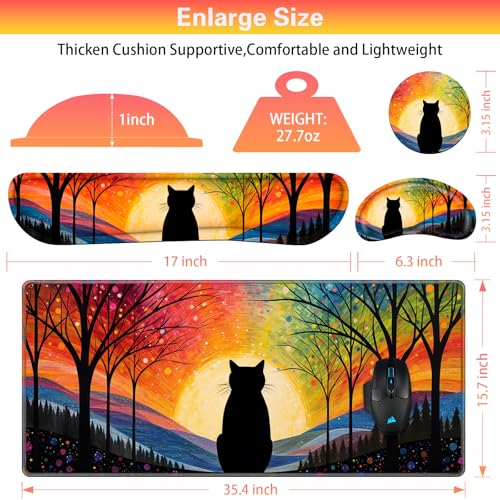 Canjoy Cute Black Cats Anime Mouse Pad Set, 4-in-1 Kawaii Large Mouse Pad + Keyboard Wrist Rest Support+ Coaster, (35.4×15.7 in) Extended Desk Pad Memory Foam Non-Slip Desk Mat for Home Office - color: Rainbow Cats