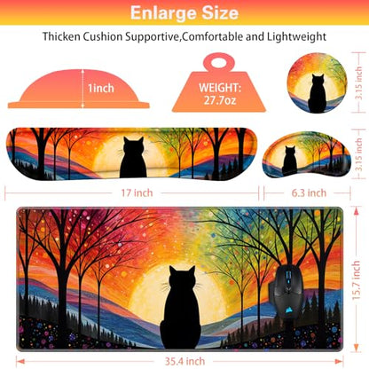 Canjoy Cute Black Cats Anime Mouse Pad Set, 4-in-1 Kawaii Large Mouse Pad + Keyboard Wrist Rest Support+ Coaster, (35.4×15.7 in) Extended Desk Pad Memory Foam Non-Slip Desk Mat for Home Office - color: Rainbow Cats