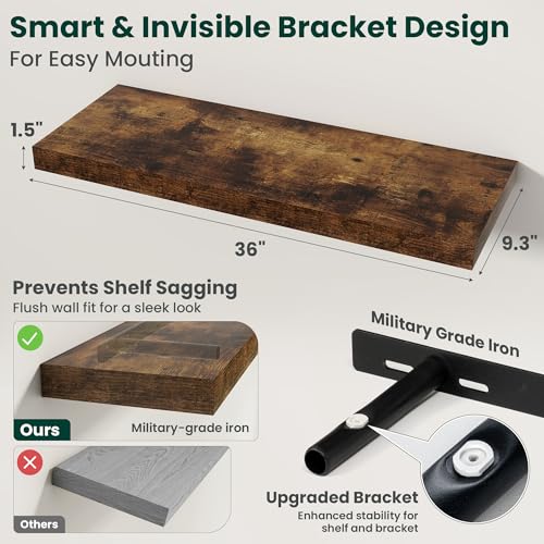 Floating Shelves for Wall 36 in x 9.3 in Deep, Wall Mounted Rustic Wood Shelf with Invisible Brackets for Storage & Display, Living Room Bedroom Bathroom, Brown, 2 Pack - color: Rustic Brown, size: 36 Inch, 2 pack