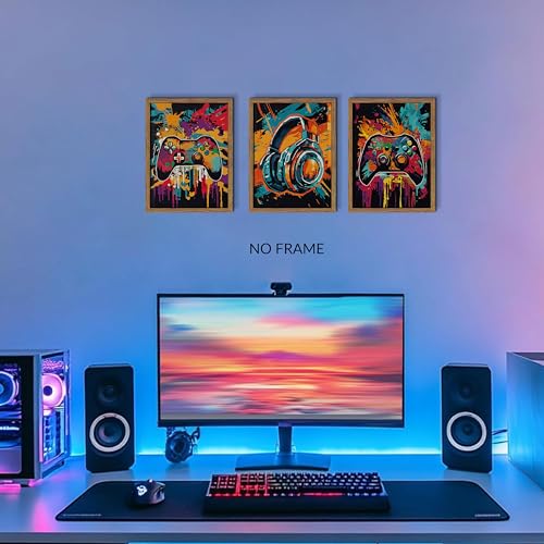 MUWAK 3Pcs Cool Gaming Wall Art Set, Retro Video Game Neon Gamepad Watercolor Canvas Prints for Boys Room, Teen Gaming Pictures Wall Decor, Gamer Painting Art for Kids Bedroom 12x16 inch Unframed - color: Graffiti-style Game Posters, size: Poster 12x16 in