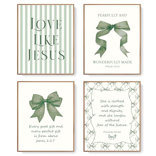 LARTSFRO Coquette Green Bow Jesus Wall Art Decor Posters, Olive Green Bow Christian Room Bedroom Bathroom Dorm Wall Art Decor Aesthetic for College Teen Girls Gifts, Inspirational Bible Verses Bow Wall Decor, 10x8 Inch Set of 4 Bow Pictures(UNFRAMED) - co