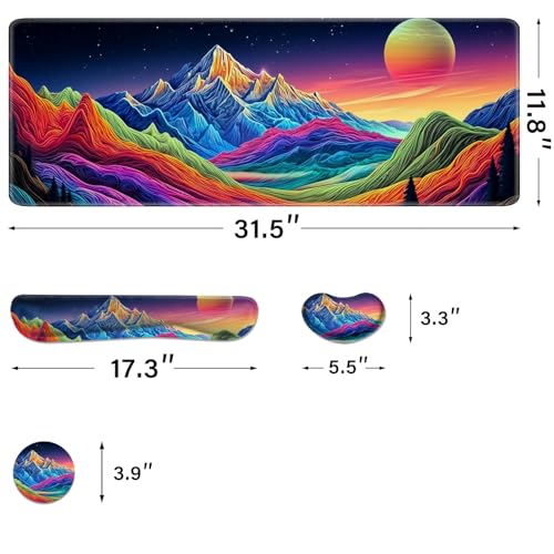 Desk Pad and Keyboard Wrist Rest, Large Mouse Pad + Keyboard Pad+Mouse Wrist Support, Non-Slip Desk Mat Protector for Office, Home 31.5×11.8 Inches Dazzling Galaxy - color: Colorful Mountain