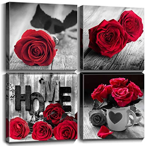 Red Wall Decor for Bedroom Red Bathroom Accessories Black and White Canvas Wall Art Rose Pictures for Living Room Home Decorations Flower Painting Couples Bedroom Kitchen Modern Artwork 12x12"4Pcs/Set - color: Red Rose Flower, size: 12x12in