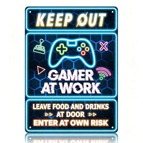 Keep Out Gamer at Work Sign - Cool Waterproof and Rust-proof Plastic Neon Gaming Posters Signs For Bedroom Door Wall Decor - Gift For Boy, Girl, Boyfriend 11" * 8" Inch - color: Keep out Gamer at Work 009