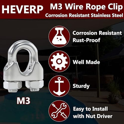 20PCS 1/8 Inches M3 Stainless Steel Wire Rope Cable Clip Clamp - size: M3 Clips-20PCS
