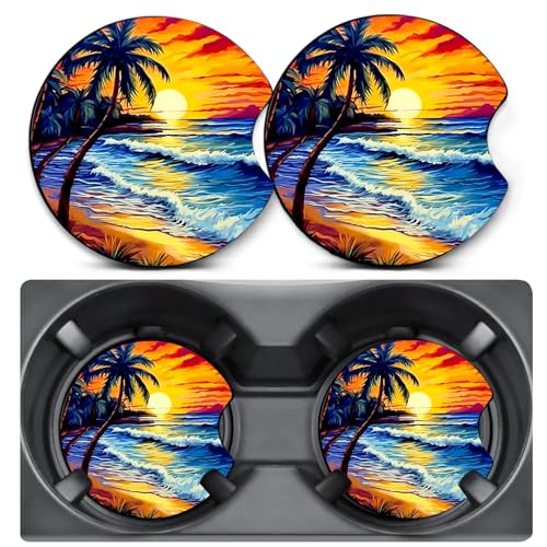 2 Pack Seaside Trees Car Coasters for Cup Holders,Neoprene Anti Slip Mat | 2.75" Universal Size,Auto Rubber Drink Coasters Decor Car Accessories Interior Seaside Trees Gifts for Women Men - color: Seaside Sunset+Trees
