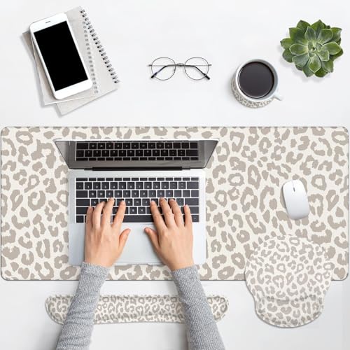 Arttown Leopard Light Khaki Desk Mat Animal Skin Mouse Pad Set 4 in 1 Ergonomic Design Large Desk Pad + Keyboard Wrist Rest + Mouse Wrist Rest + Coaster Suitable for Home Office Study Game - color: Light Khaki Leopard