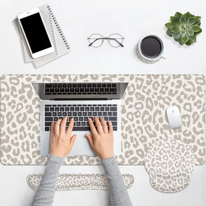 Arttown Leopard Light Khaki Desk Mat Animal Skin Mouse Pad Set 4 in 1 Ergonomic Design Large Desk Pad + Keyboard Wrist Rest + Mouse Wrist Rest + Coaster Suitable for Home Office Study Game - color: Light Khaki Leopard