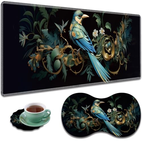 Large Gaming Mouse Pad + Mouse Wrist Rest Pad + Coaster Combination, 31.5 "x 11.8" Durable Non-Slip Extension Table Mat, Suitable for Office and Home, Bird Leaf - color: Bird Leaf