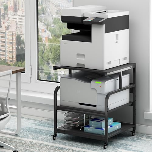 Fannova 25.6" x 23.6" Extra Large Printer Stand Table with Adjustable Storage Shelf, 3 Tier Rolling Printer Cart with Industrial Wheels for Home Office, Black - color: Black, size: 25.6"W x 23.6"D x 30.9"H
