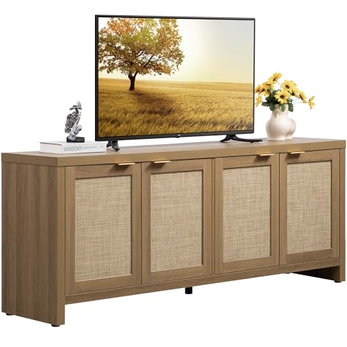SICOTAS TV Stand for Living Room Boho Entertainment Center for Bedroom with 4 Rattan Cabinets Farmhouse Television Stands with Storage Large Media Console Table for TVs up to 65 Inch - color: Reclaimed Caramel Oak