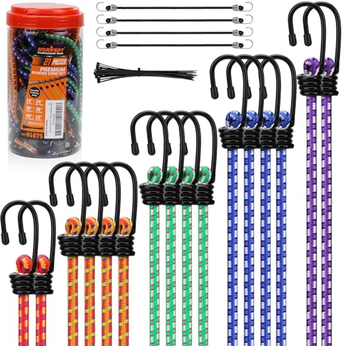 HORUSDY 21 - Piece Bungee Cord Set with Hooks & Straps, 10”/18”/24”/30”/36”/48” Heavy Duty Bungee Cords Assortment for Camping, Truck, Moving, Emergency, Outdoor Storage (30 Nylon Cable Ties Extra) - color: 21pcs 10"/18"/24"/30"/36"/48" Multi-color