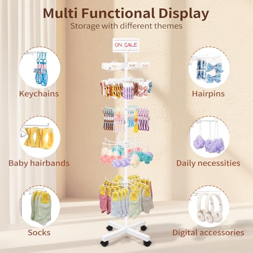 Flenpptly Retail Display Stand, 5-Tier Rotating Display Rack for Store Display, Movable and Adjustable Spinning Display Stand for Earrings, Jewelry, Keychains, Socks Display (White) - color: White