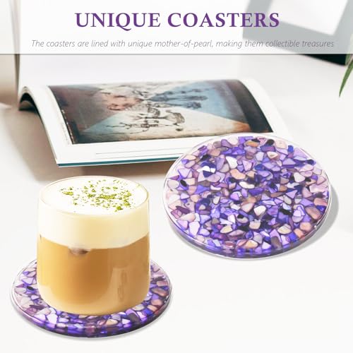 Drinks Coasters Resin Cup Mat: 4 pcs Coaster with Seashells for Table Desktop Counter (4, Purple) - color: Purple