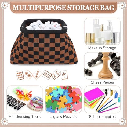 Mahjong Tile Bag Mahjong Empty Bag Crochet Purses Mah Jong Accessories and Gift for Women Game Lover Summer Vacation Supplies (Black Plaid,Black Plaid) - color: Black Plaid, style: Black Plaid