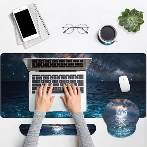 Arttown Moonlight Night Desk Mat Seascape Mouse Pad Set 4 in 1 Romantic Wave Ergonomic Design Large Desk Pad + Keyboard Wrist Rest + Mouse Wrist Rest + Coaster Suitable for Home Office Study Game - color: Moonlight Night