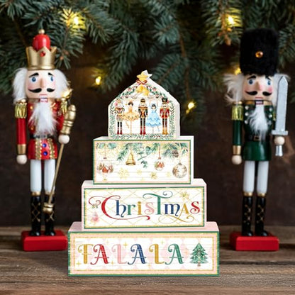 Britimes 4 Pcs Christmas Nutcracker Table Decor Christmas Tiered Tray Decorations Set Nutcracker Stack Block Signs Gift Rustic Farmhouse Tabletop Decor for Table & Home Office - style: Christmas Nutcracker