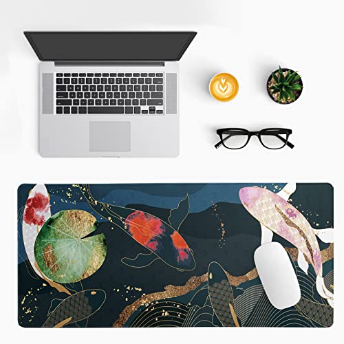 Japanese Gaming Mouse Pad XL - Extended Large Mouse Mat Desk Pad, Stitched Edges Mousepad, 3mm Thick Long Non-Slip Rubber Base Mice Pad, 31.5 X 11.8 Inch - Koi Fish Art - color: Koi Fish