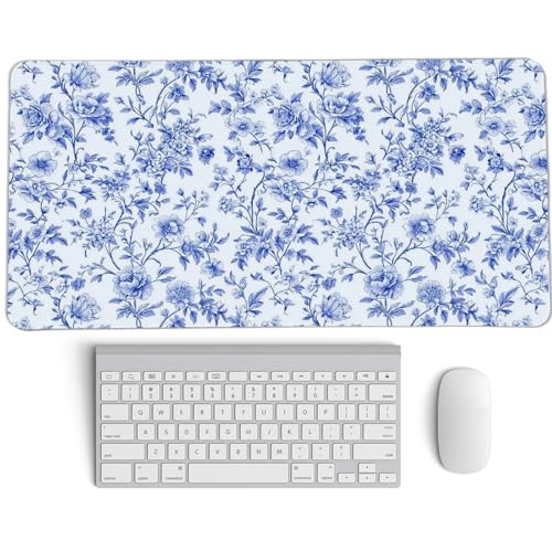 Light Blue Chinoiserie Mouse Pad,Vintage Blue And White Floral Desk Mat,XL Large Vintage Floral Preppy Mouse Pad,Girly Gaming Mousepad,Girly Laptop Desk Mat For Dorm Home Office,23.6x11.8 Inch - color: L Blue Floral