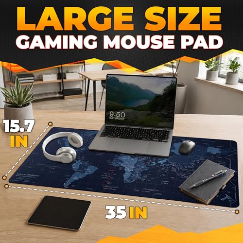 Wide Desk Coverage Full World Map Mouse Pad XL - 35x15.7 World Map Desk Mat Large with Geographical Print Layout - Soft and Water-Resistant Surface, Non-Slip Bottom, Suitable for Games and Work