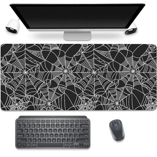 Black Spider Web Desk Pad Mouse Pad,Large Gaming Mouse Mat with Stitched Edges,Non-Slip Waterproof Rubber Base Mousepad for Office Work Home Desk Mat(27.5X11.8 in) - color: Spider Web White