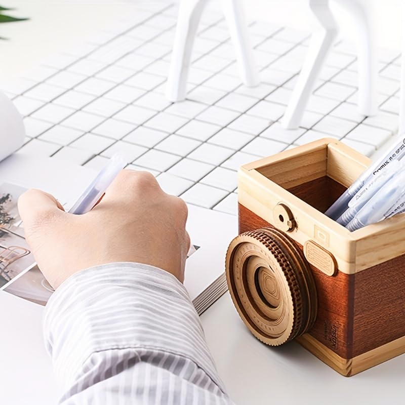 HAOXU 1pc Wooden Unique Pen Holder, Retro Camera Learning Stationery Pencil Holder For Student, Office And Home Small Item Storage Decoration Bucket - Style B