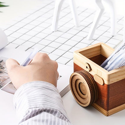 HAOXU 1pc Wooden Unique Pen Holder, Retro Camera Learning Stationery Pencil Holder For Student, Office And Home Small Item Storage Decoration Bucket - Style B