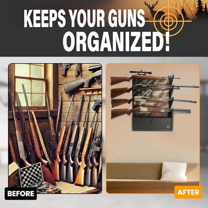 Rush Creek Creations Engineered Wood Gun Rack - Wall Mount Display for 4 Rifles/Shotguns, American Flag Design with Accessory Storage - color: Black
